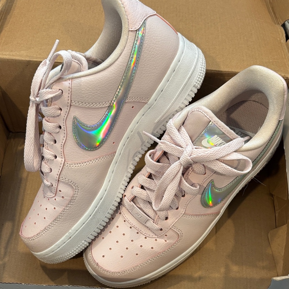 Nike Women's Pastel Pink Sneakers with Holographic Swoosh